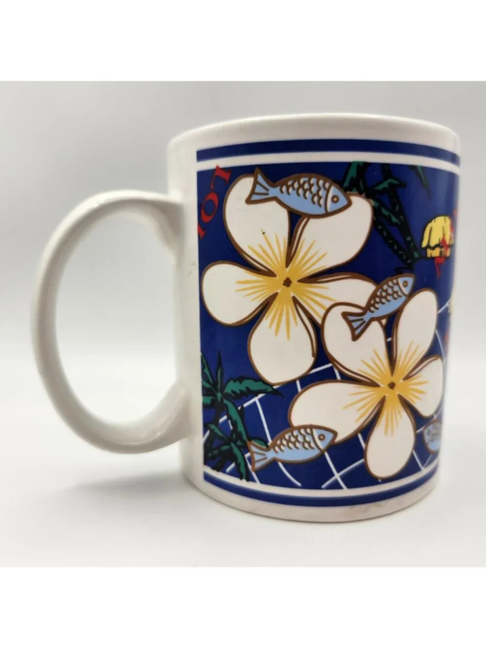 Vintage Island Heritage Blue Plumeria Of Aloha Hawaii Hawaiian Mug Fish 12oz